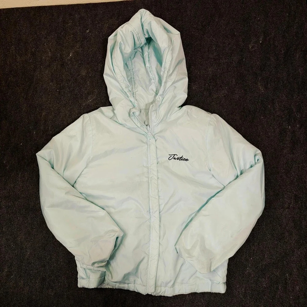 Justice Girls Light Blue Hooded Puffer Jacket Fleece Lined Size S 7/8 Ocean